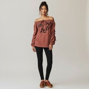 WanderLux Always Late Off Shoulder Slouchy Pullover Sweatshirt Long Sleeve Brown